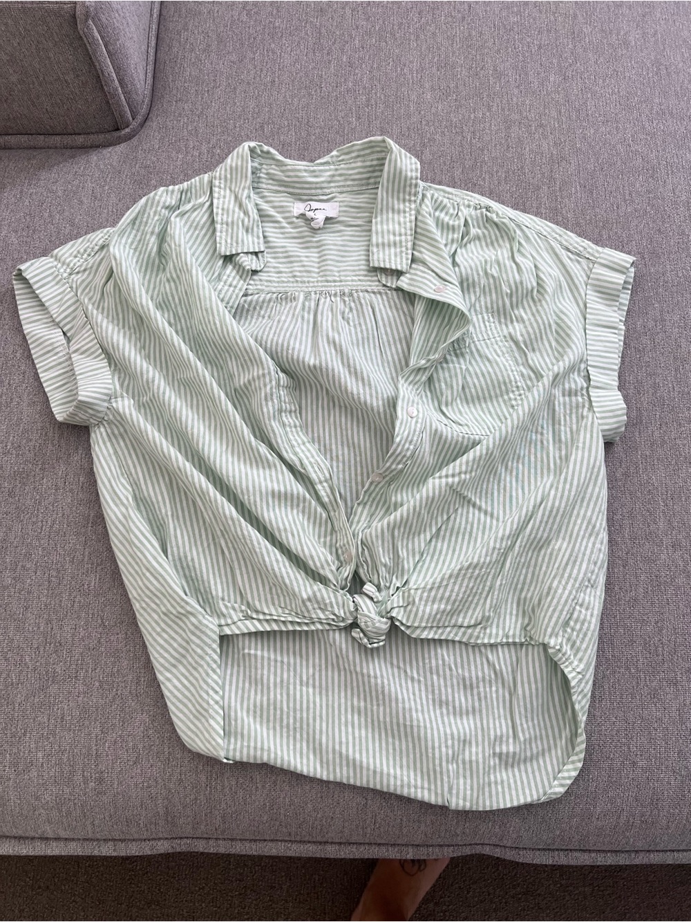 Striped Tie-Front Button-Up Shirt in Light Green